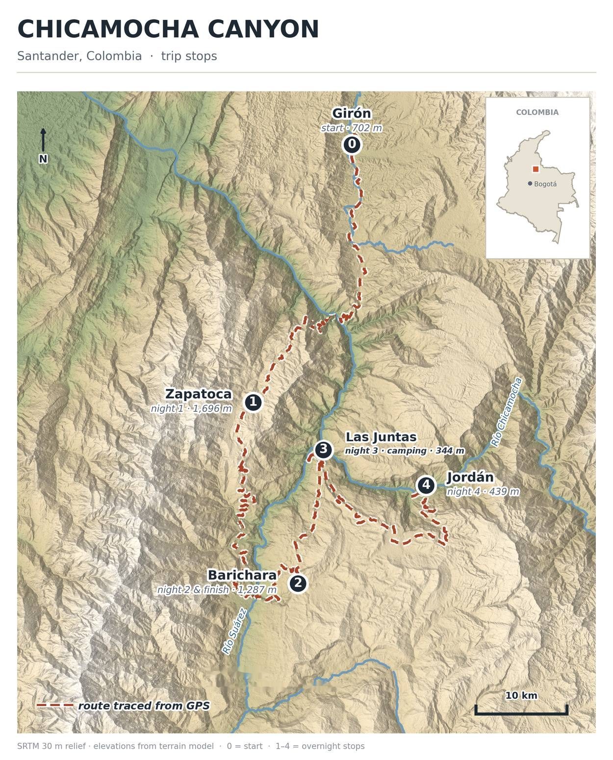 Relief map of the Chicamocha Canyon with the Hilo de Plata route and its overnight stops